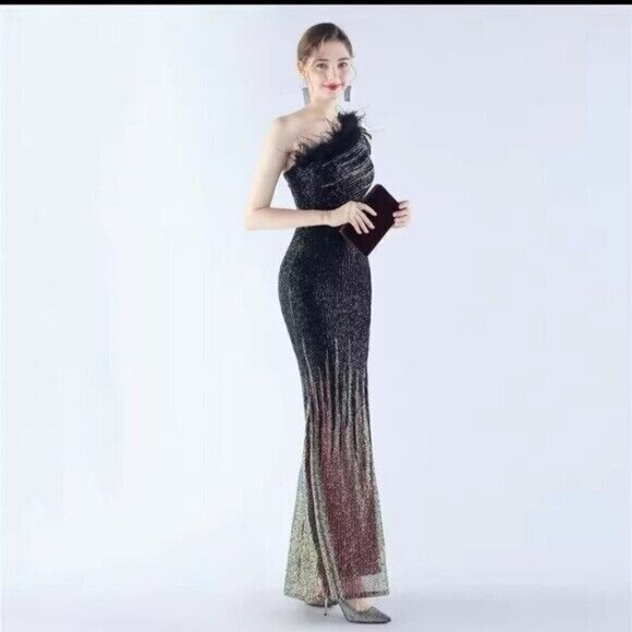 Black, One Shoulder Beaded, Gradient , Feather Neckline, Sequined Mermaid Gown - Picture 3 of 16
